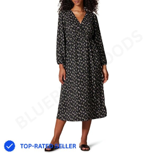 Lightweight Georgette Midi Dress Elegant V-Neck Long Sleeve Chic Casual Fit - Picture 1 of 4